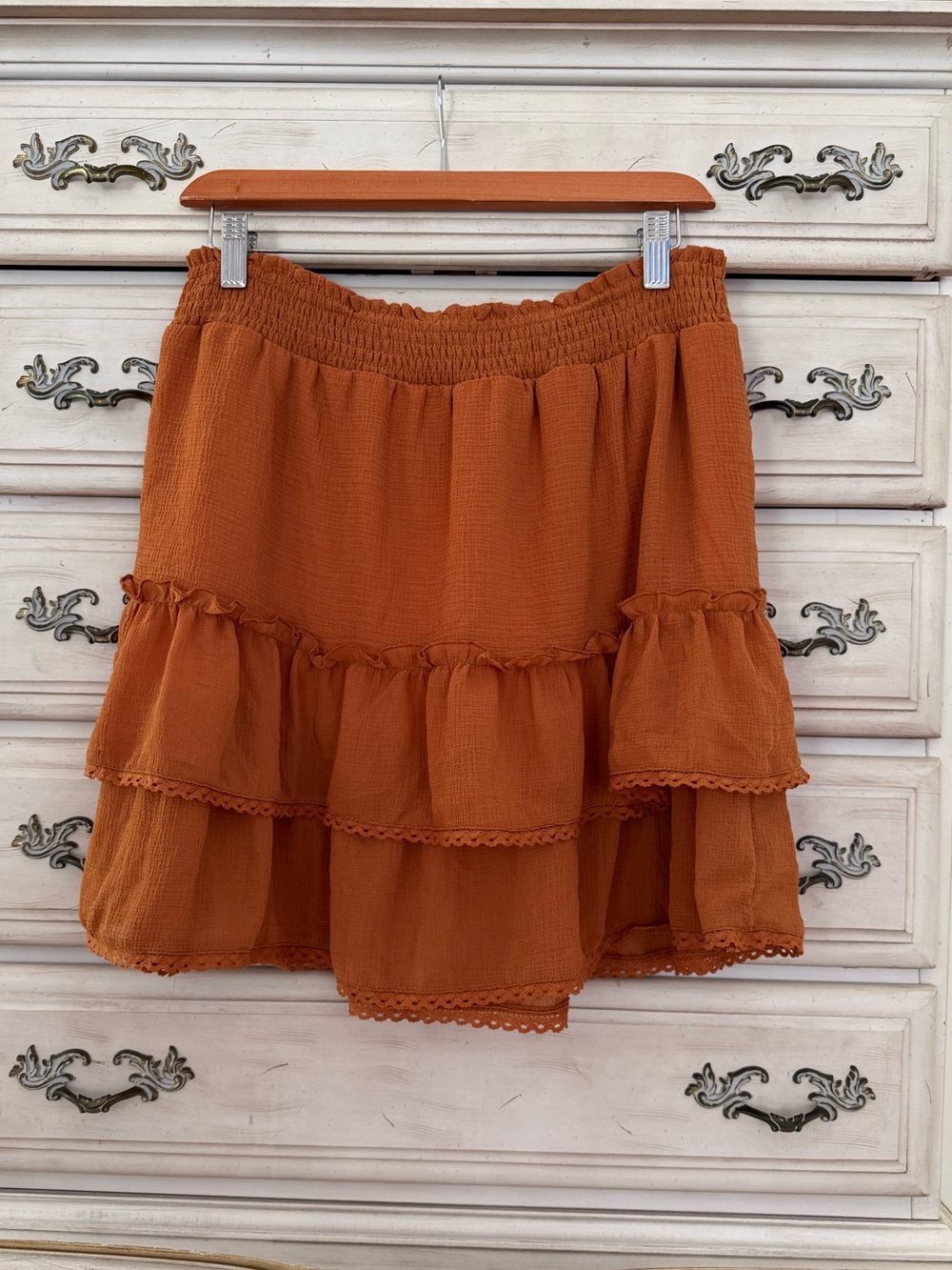 Rust Ruffle Smocked Waist Skirt